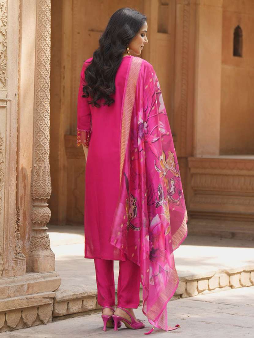 women solid with work three quarter sleeve kurta pant with dupatta set - 22322408 -  Standard Image - 3