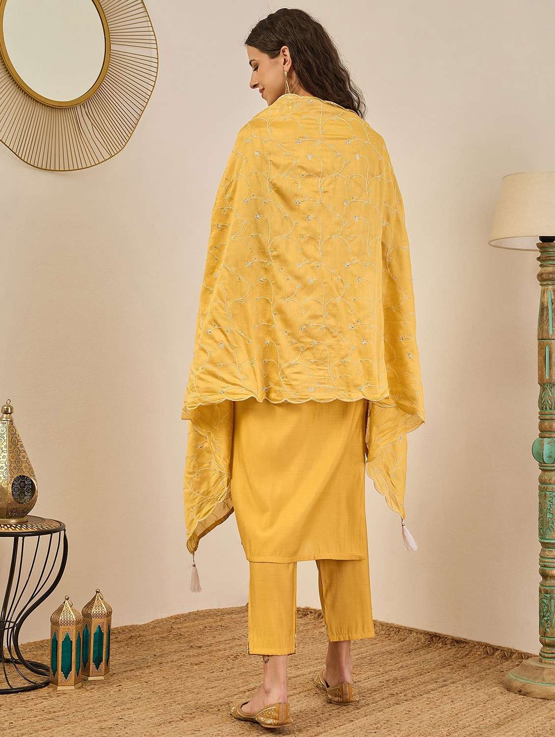 women solid with work three quarter sleeve kurta pant with dupatta set - 22322418 -  Standard Image - 3