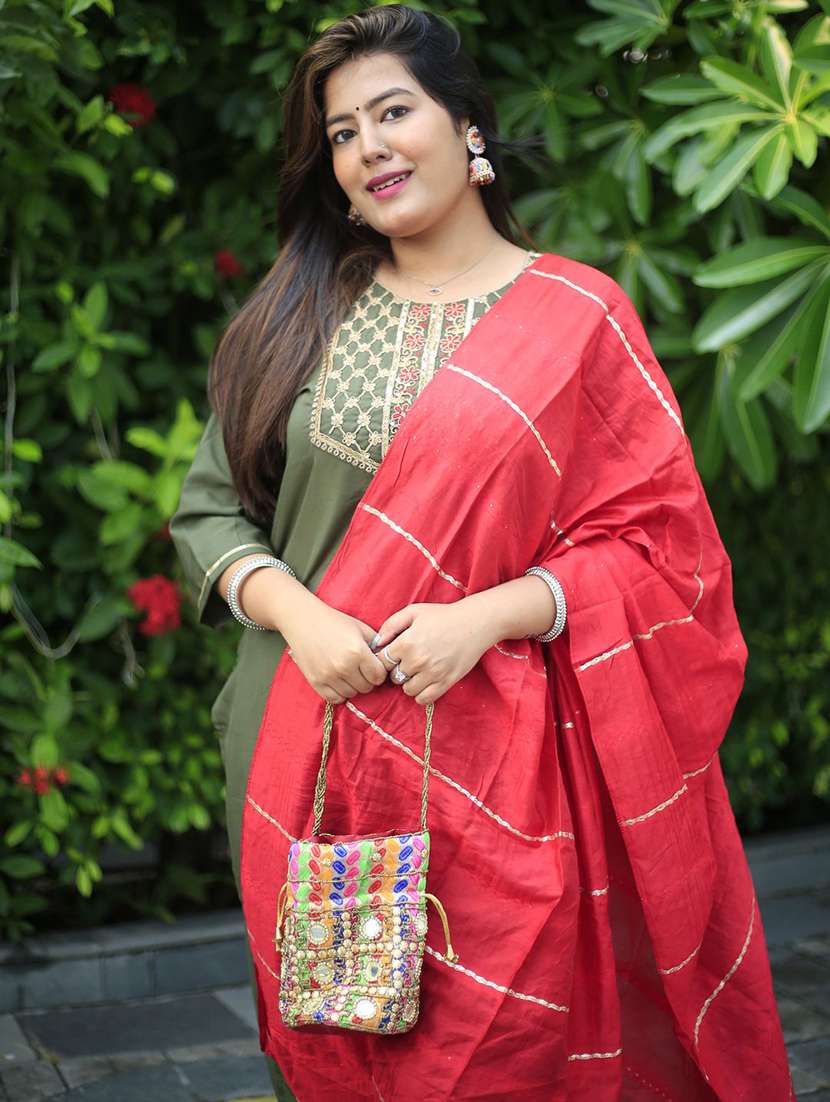 women solid with work three quarter sleeve kurta pant with dupatta set - 22322423 -  Standard Image - 5