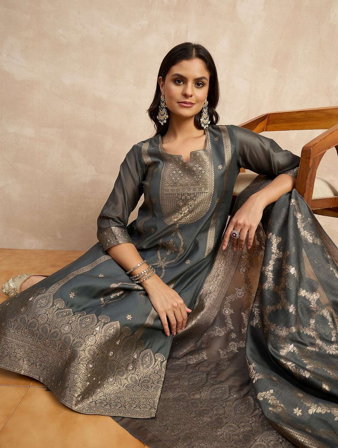 women self design three quarter sleeve kurta pant with dupatta set - 22322424 -  Standard Image - 3