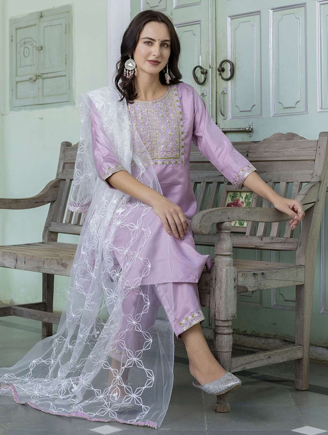 women solid with work three quarter sleeve kurta pant with dupatta set