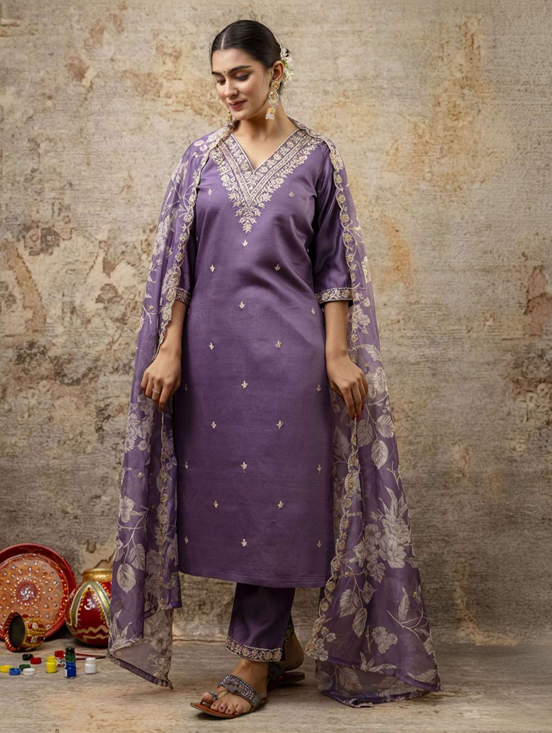women solid with work three quarter sleeve kurta pant with dupatta set