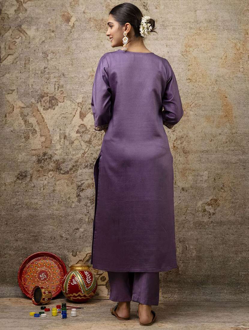women solid with work three quarter sleeve kurta pant with dupatta set - 22322446 -  Standard Image - 3