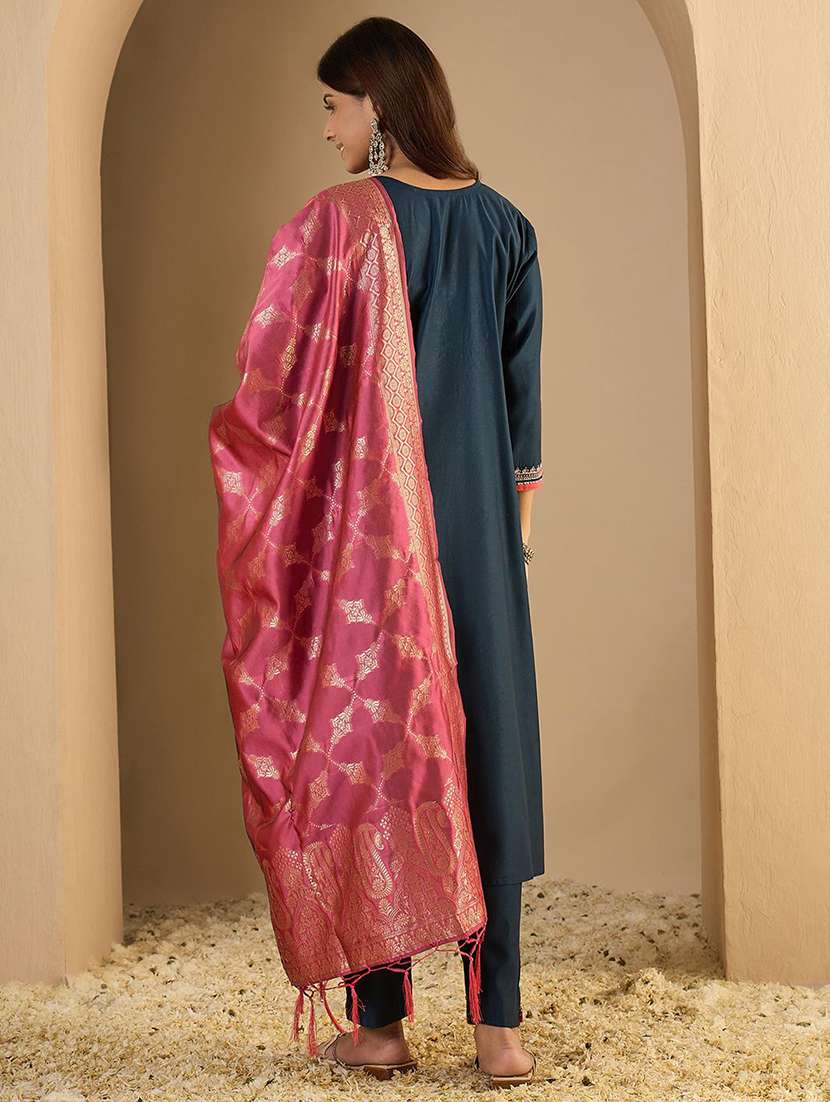women solid with work three quarter sleeve kurta pant with dupatta set - 22322451 -  Standard Image - 3