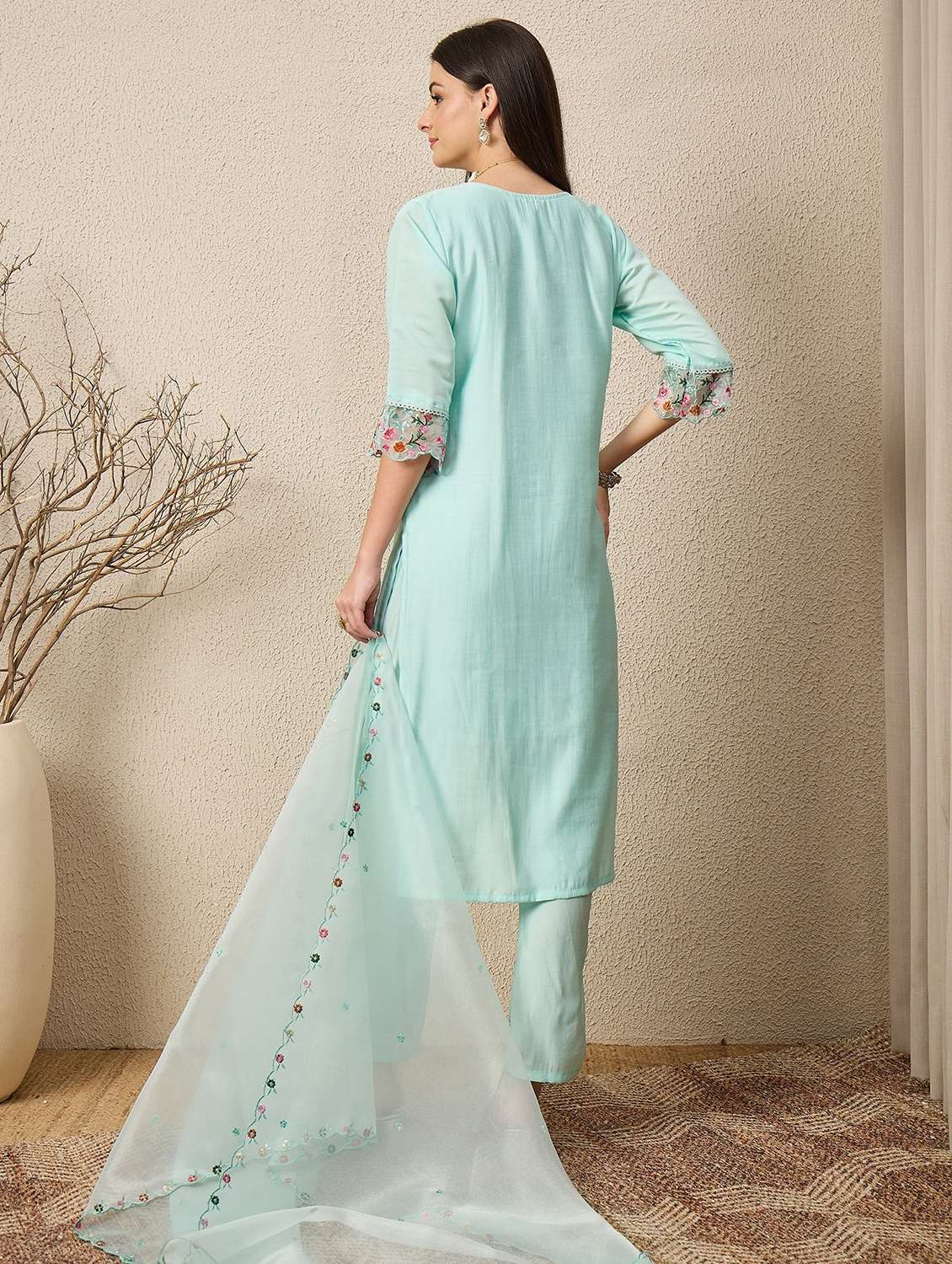 women solid with work three quarter sleeve kurta pant with dupatta set - 22322453 -  Standard Image - 3