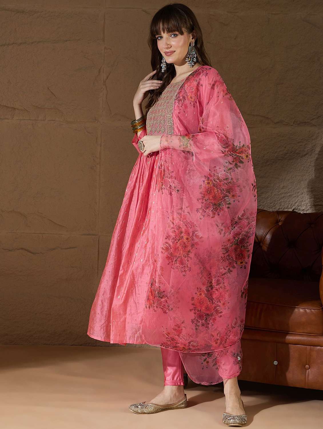 women self design three quarter sleeve kurta pant with dupatta set