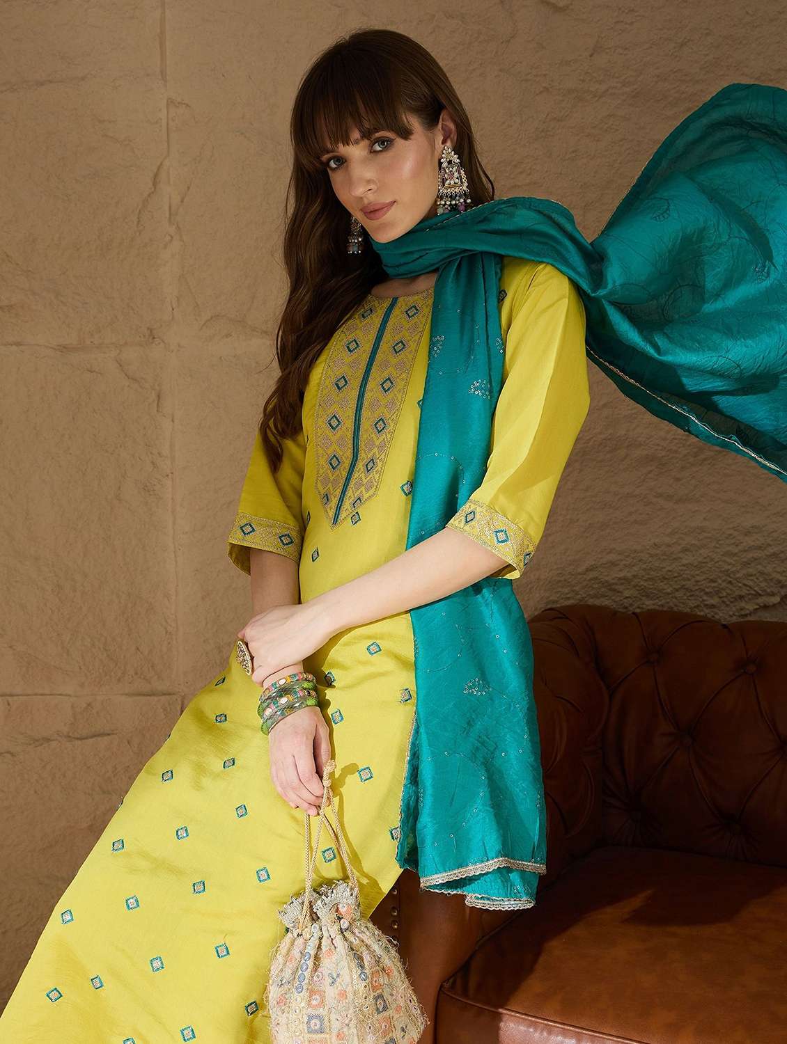 women solid with work three quarter sleeve kurta pant with dupatta set - 22322456 -  Standard Image - 3