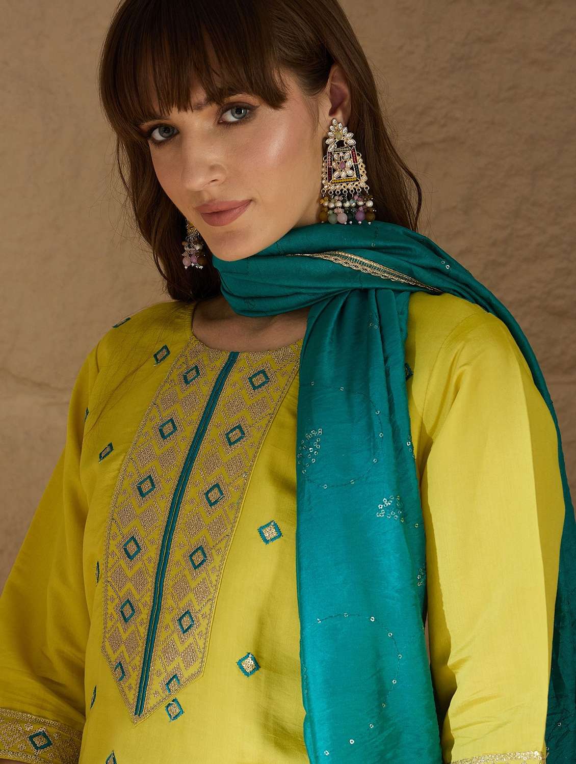 women solid with work three quarter sleeve kurta pant with dupatta set - 22322456 -  Standard Image - 5