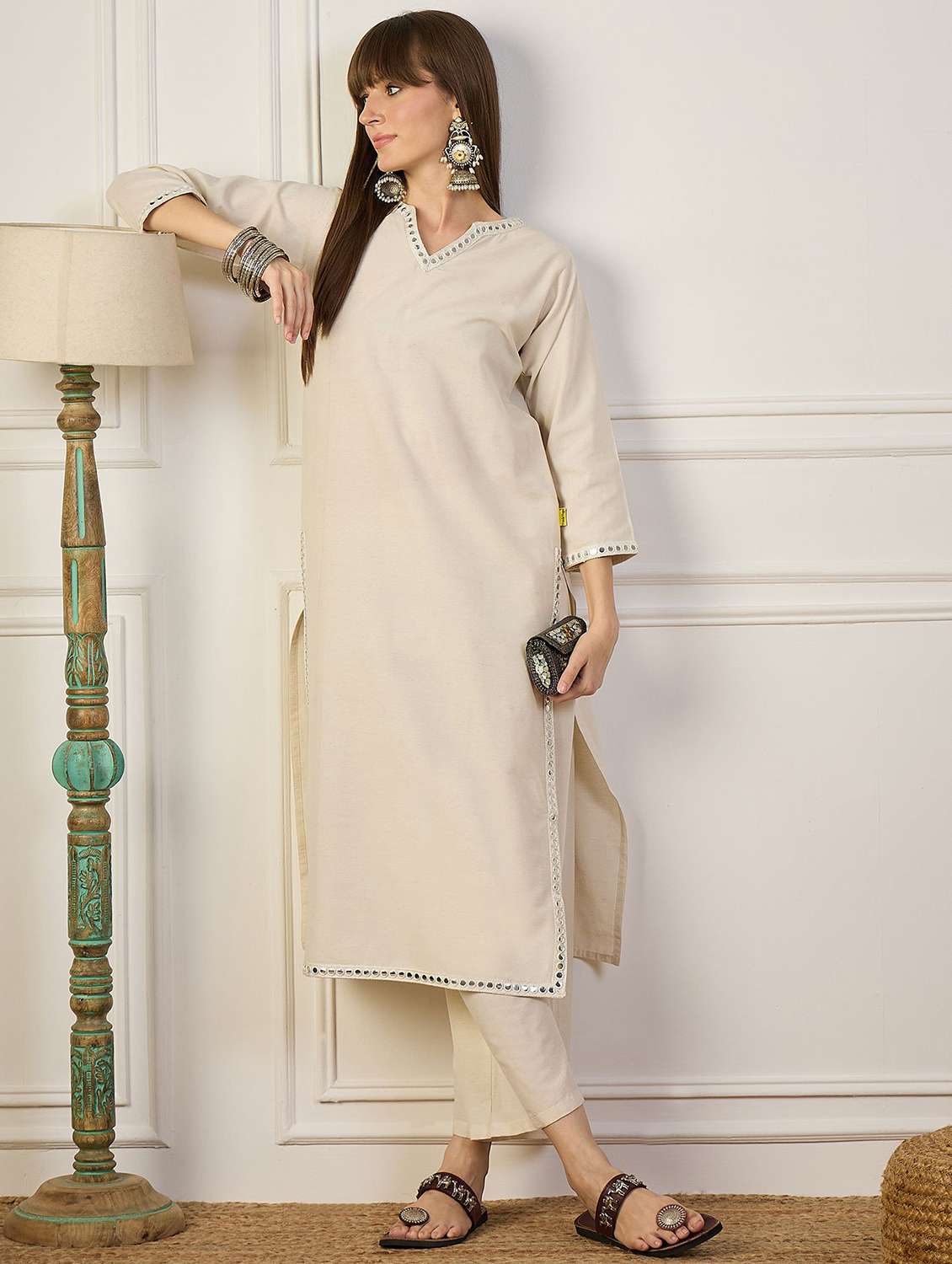 women solid three quarter sleeve kurta pant set