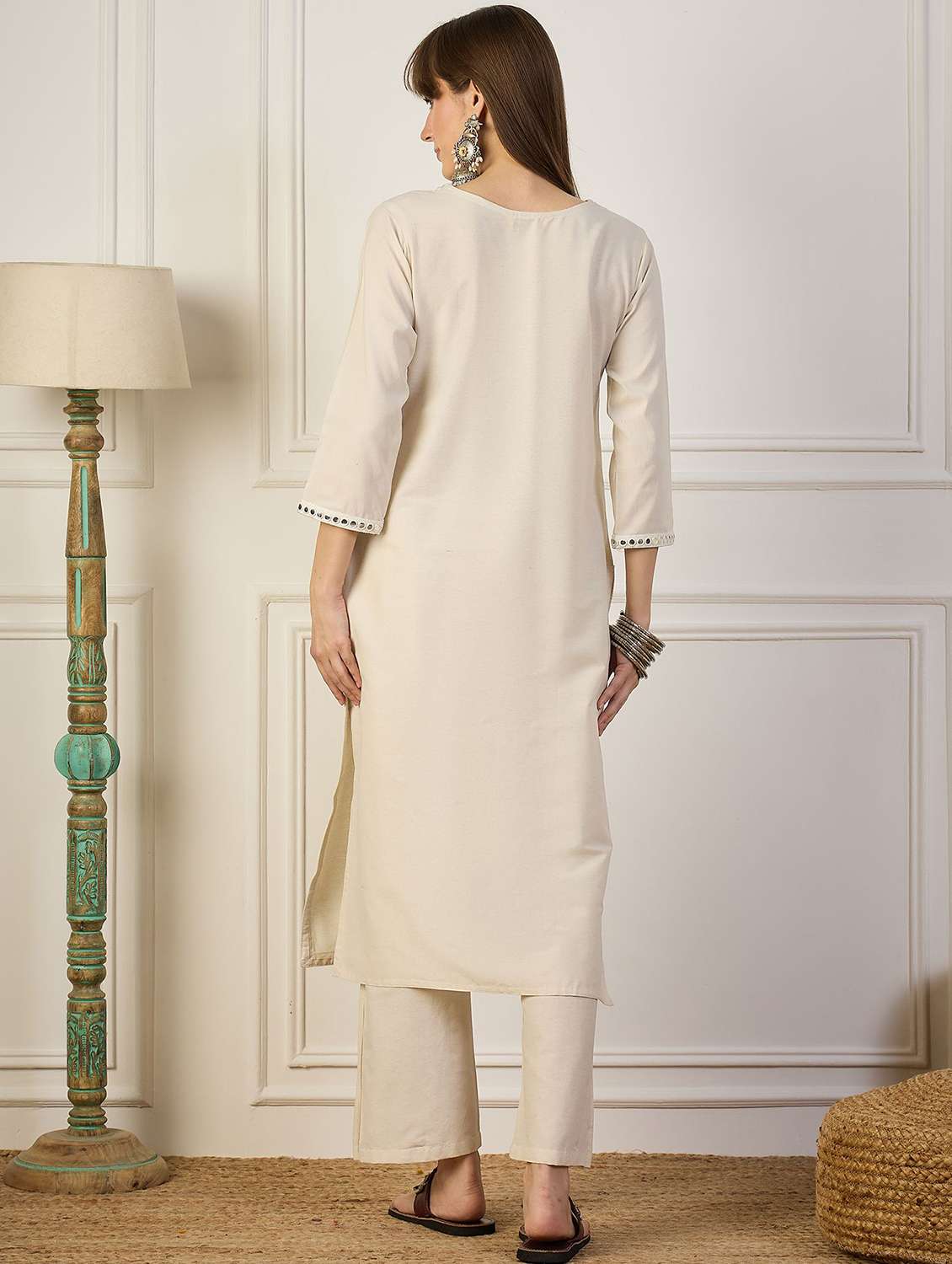 women solid three quarter sleeve kurta pant set - 22322475 -  Standard Image - 3