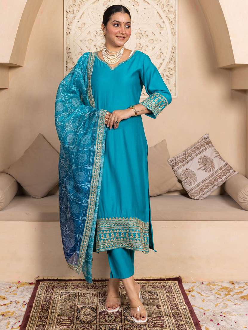 women solid with work three quarter sleeve kurta pant with dupatta set