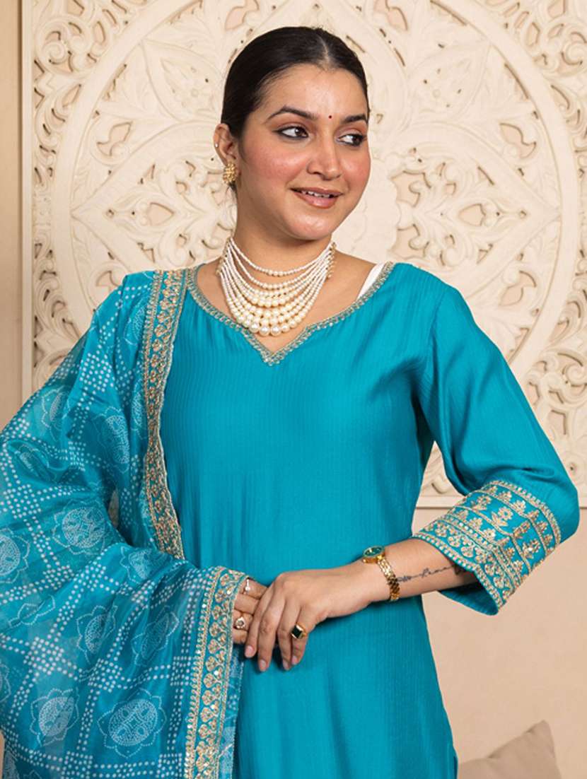 women solid with work three quarter sleeve kurta pant with dupatta set - 22322489 -  Standard Image - 5