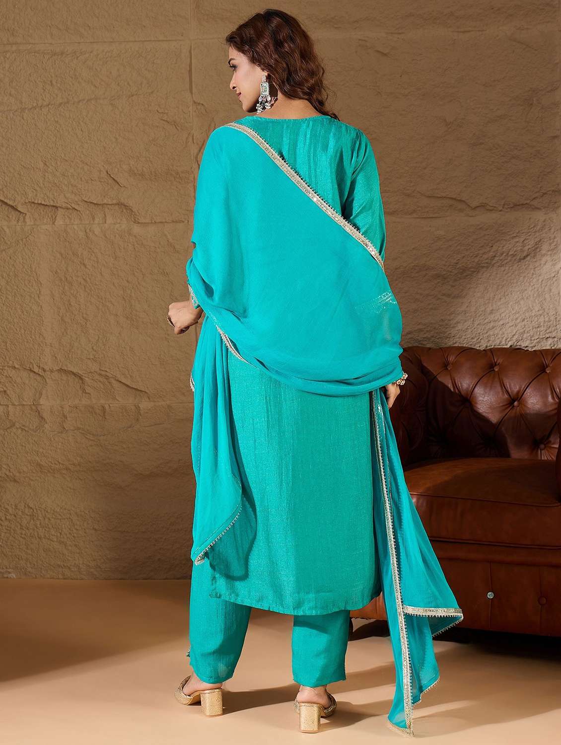 women solid with work three quarter sleeve kurta pant with dupatta set - 22322491 -  Standard Image - 3