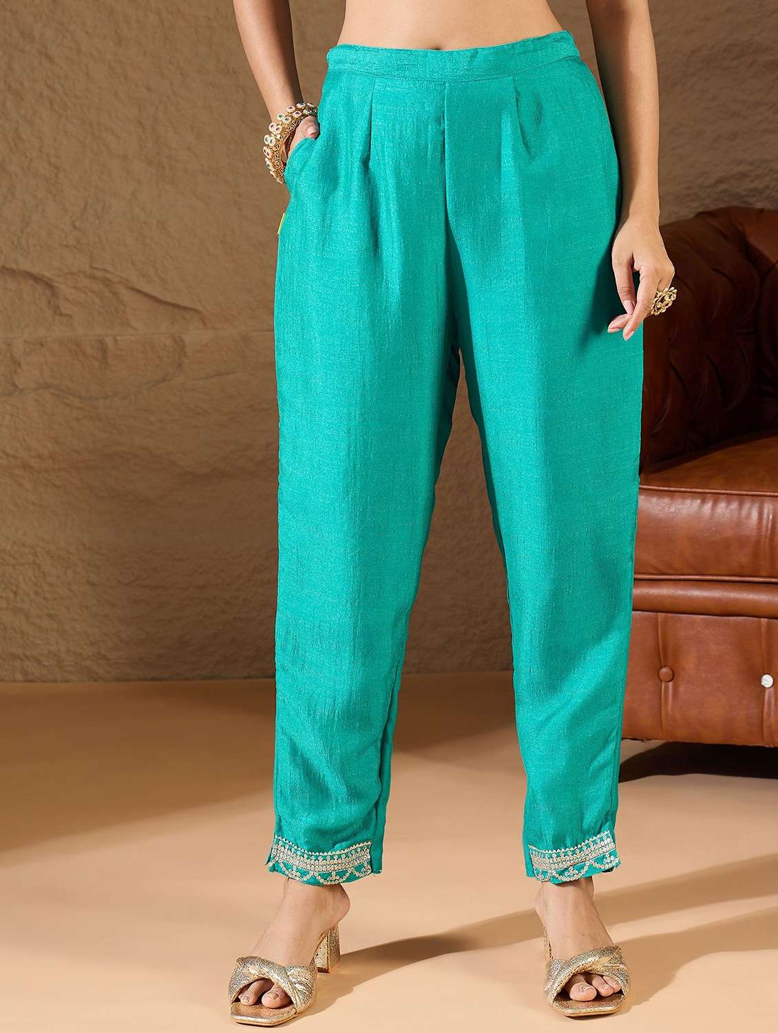 women solid with work three quarter sleeve kurta pant with dupatta set - 22322491 -  Standard Image - 5
