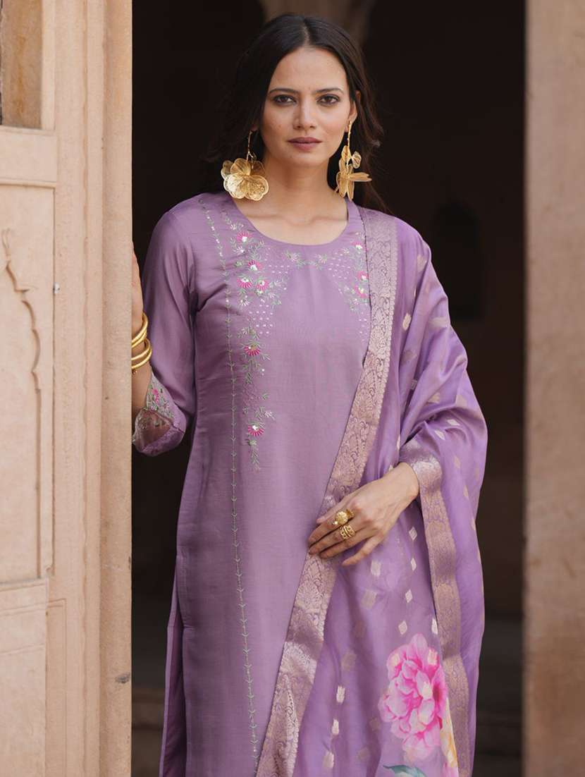 Women Solid With Work Three Quarter Sleeve Kurta Pant With Dupatta Set - 22322503 -  Standard Image - 3