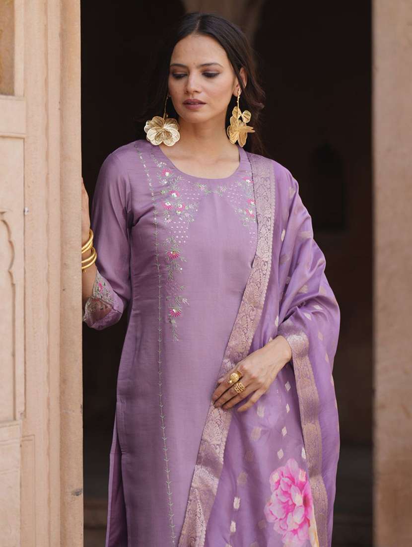 Women Solid With Work Three Quarter Sleeve Kurta Pant With Dupatta Set - 22322503 -  Standard Image - 5
