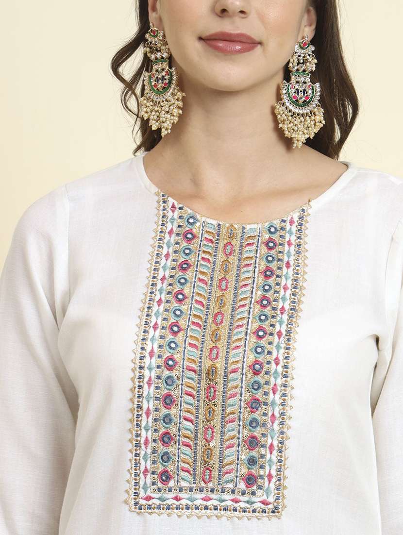 women solid with work three quarter sleeve kurta pant with dupatta set - 22322506 -  Standard Image - 5