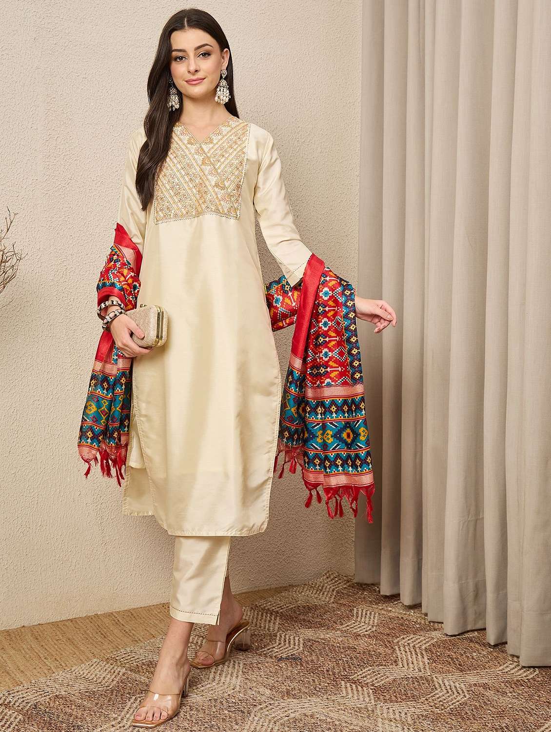 women solid with work three quarter sleeve kurta pant with dupatta set