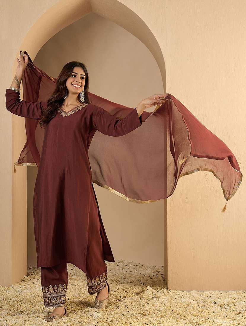 Women Solid With Work Three Quarter Sleeve Kurta Pant With Dupatta Set - 22322519 -  Standard Image - 3
