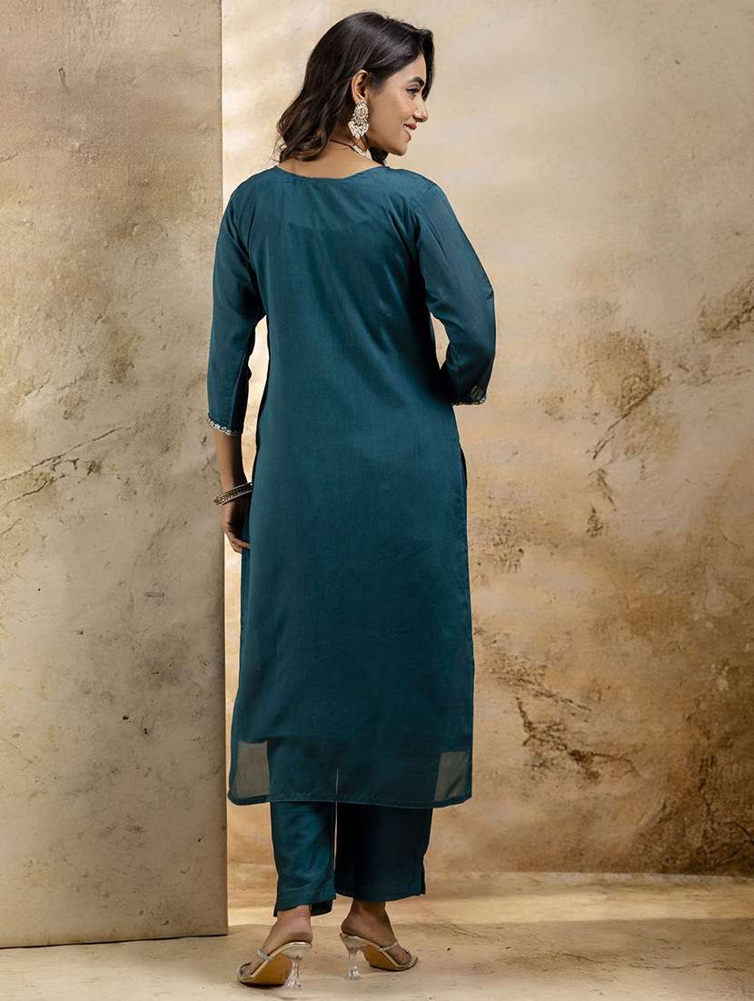 women solid with work three quarter sleeve kurta pant with dupatta set - 22322528 -  Standard Image - 3