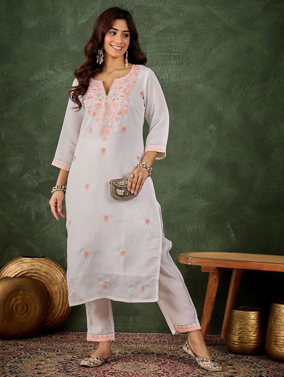 women solid with work three quarter sleeve kurta pant with dupatta set