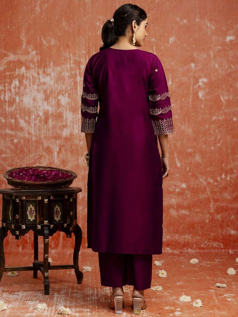 women solid with work three quarter sleeve kurta pant with dupatta set - 22322540 -  Standard Image - 3