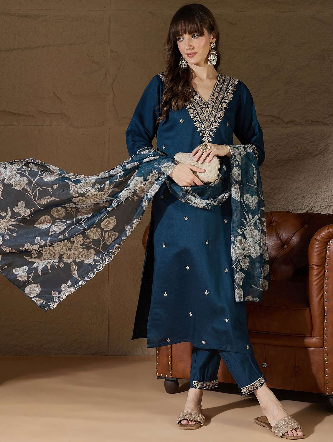 women solid with work three quarter sleeve kurta pant with dupatta set - 22322545 -  Standard Image - 3