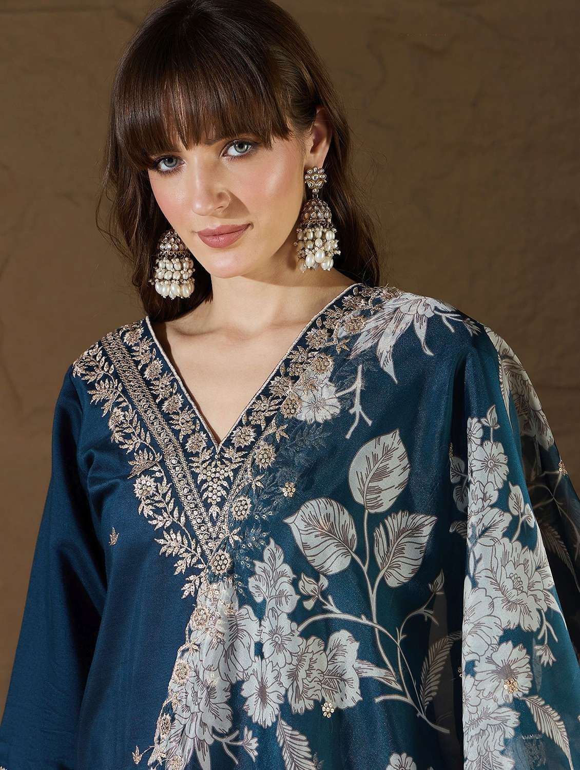 women solid with work three quarter sleeve kurta pant with dupatta set - 22322545 -  Standard Image - 5