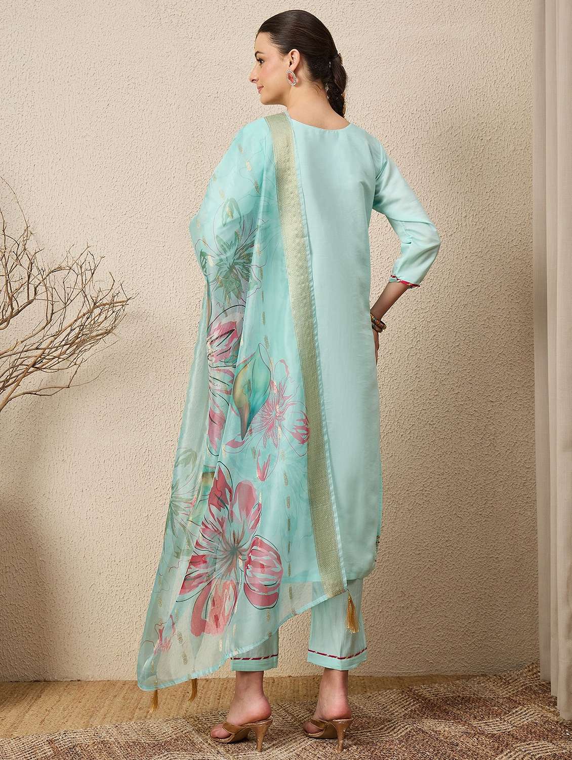 women solid with work three quarter sleeve kurta pant with dupatta set - 22322564 -  Standard Image - 3