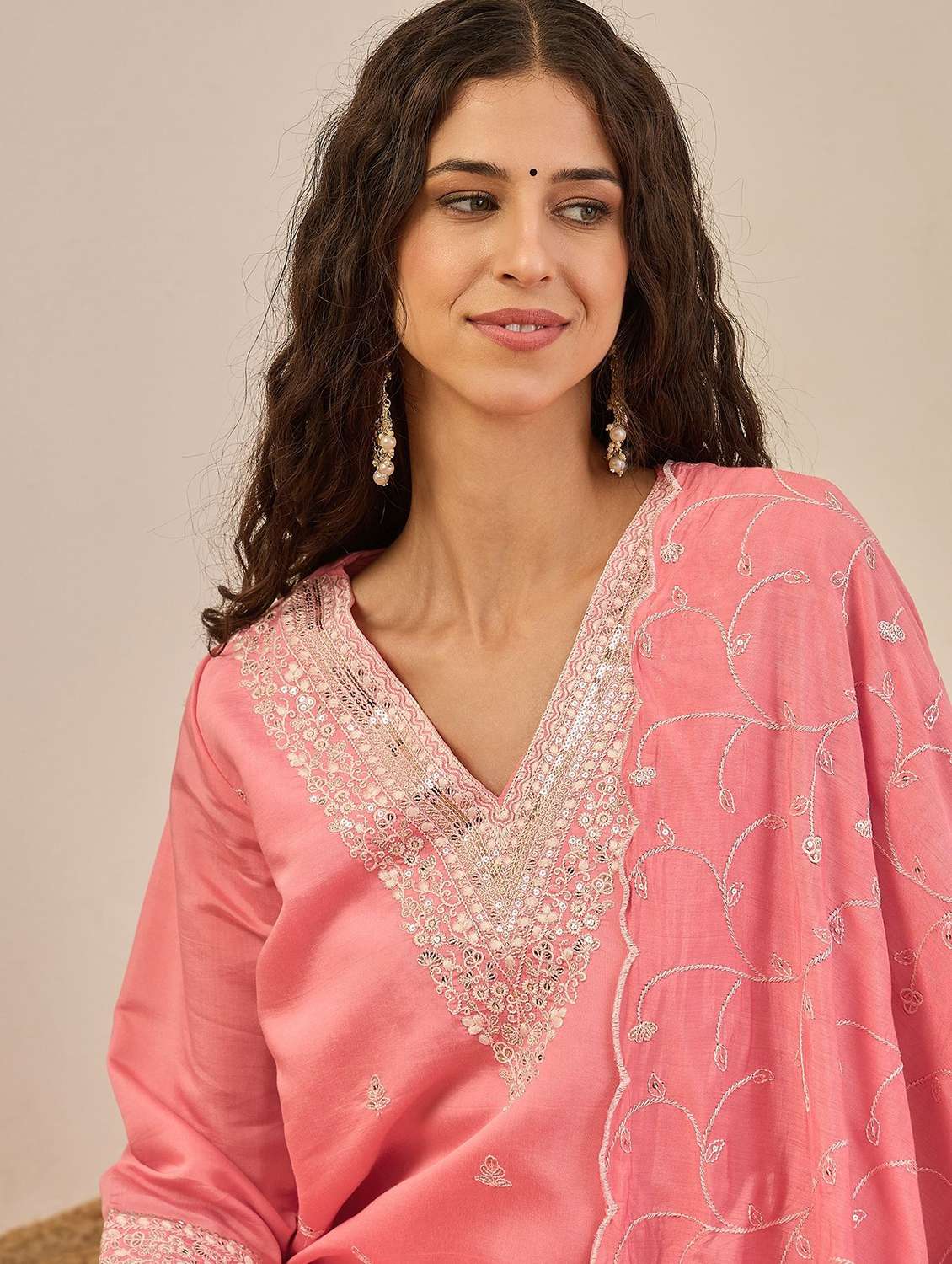 women solid with work three quarter sleeve kurta pant with dupatta set - 22322565 -  Standard Image - 3