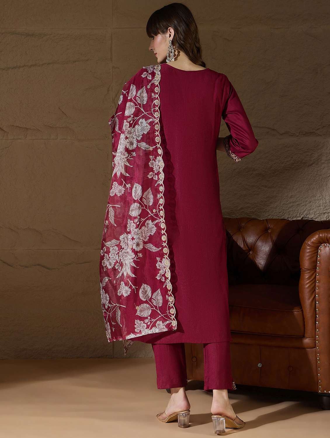 women solid with work three quarter sleeve kurta pant with dupatta set - 22322571 -  Standard Image - 3