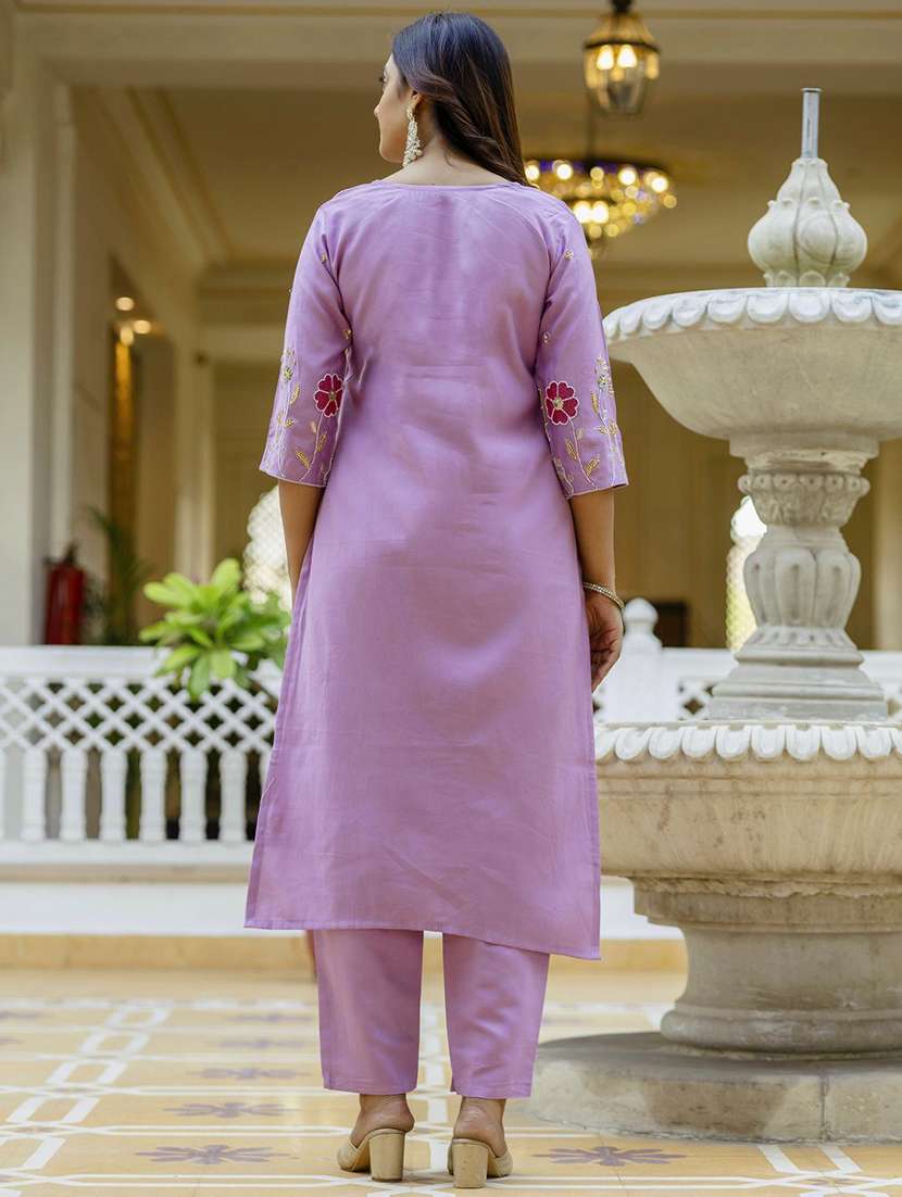 women solid with work three quarter sleeve kurta pant with dupatta set - 22322572 -  Standard Image - 3