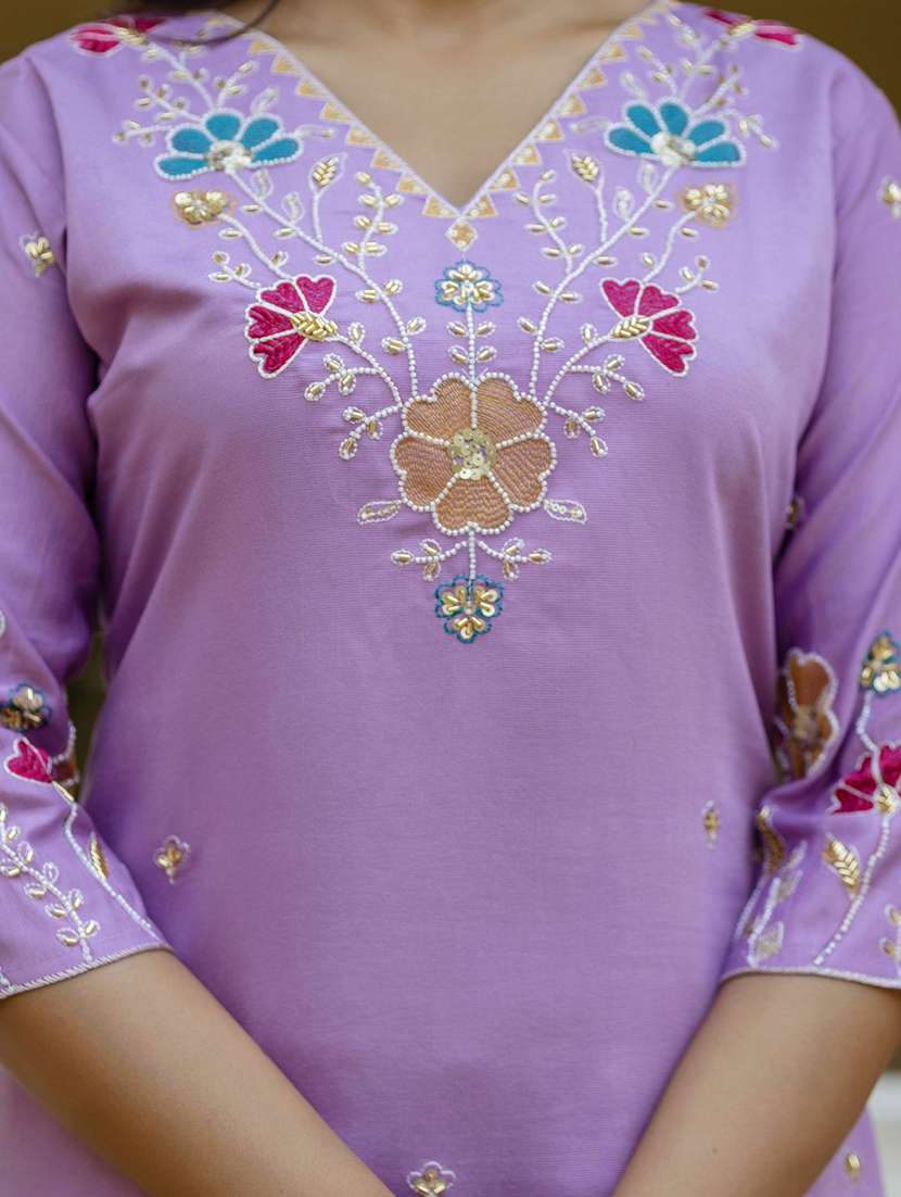 women solid with work three quarter sleeve kurta pant with dupatta set - 22322572 -  Standard Image - 5