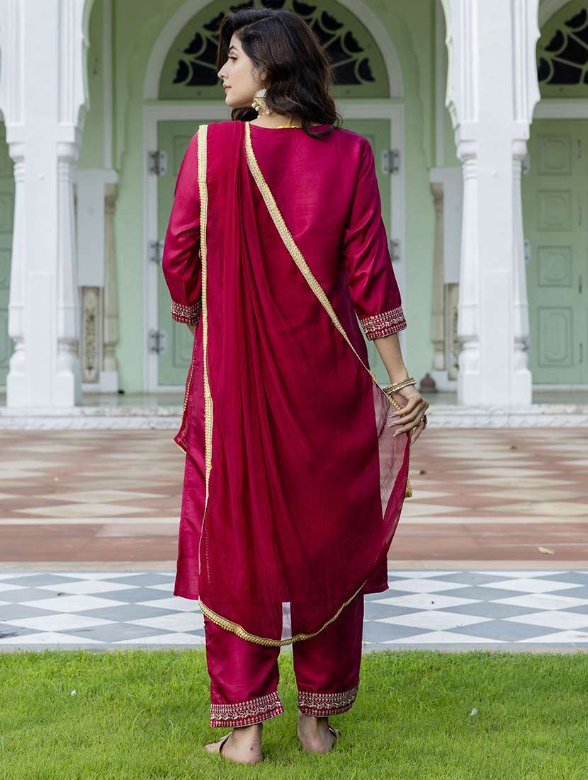 women solid with work three quarter sleeve kurta pant with dupatta set - 22322577 -  Standard Image - 3