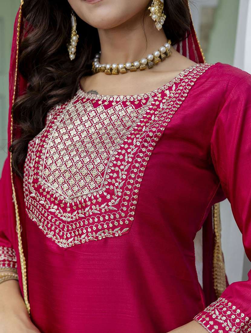 women solid with work three quarter sleeve kurta pant with dupatta set - 22322577 -  Standard Image - 5