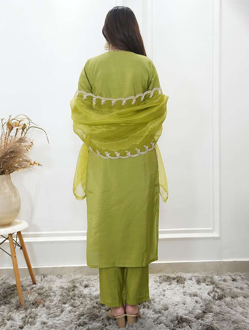 women solid with work three quarter sleeve kurta pant with dupatta set - 22322580 -  Standard Image - 3