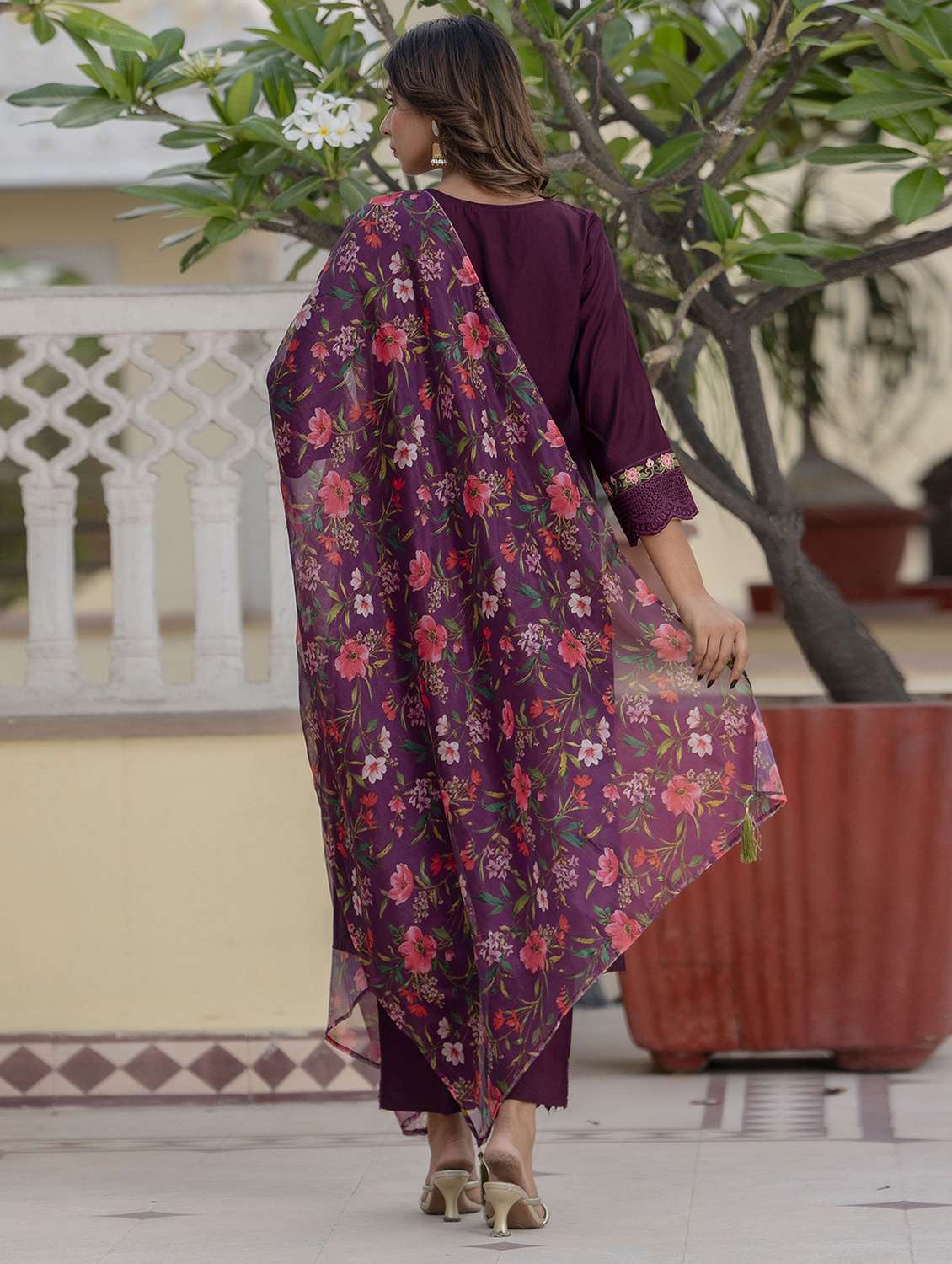 women solid with work three quarter sleeve kurta pant with dupatta set - 22322599 -  Standard Image - 3