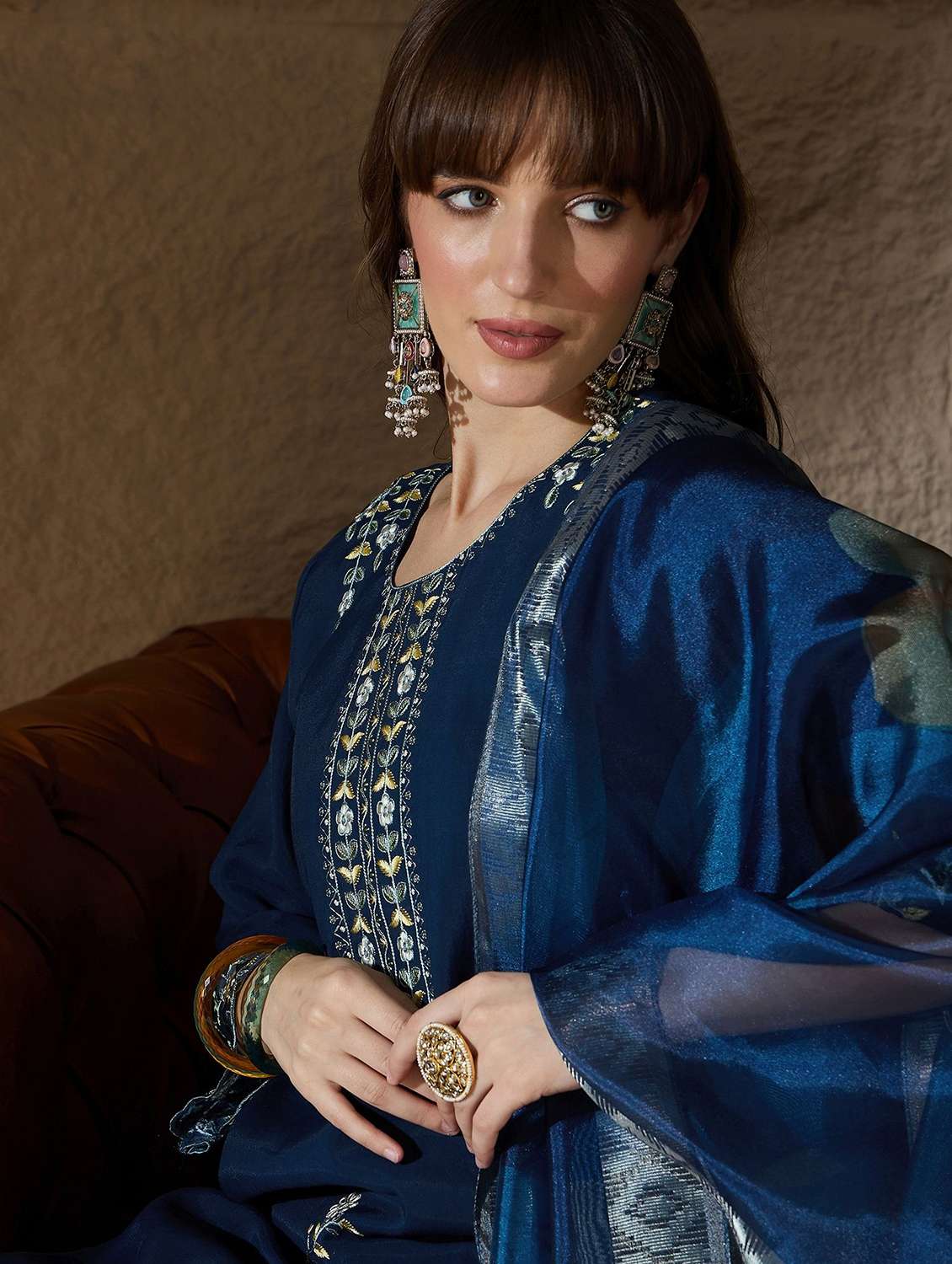 women solid with work three quarter sleeve kurta pant with dupatta set - 22322607 -  Standard Image - 5