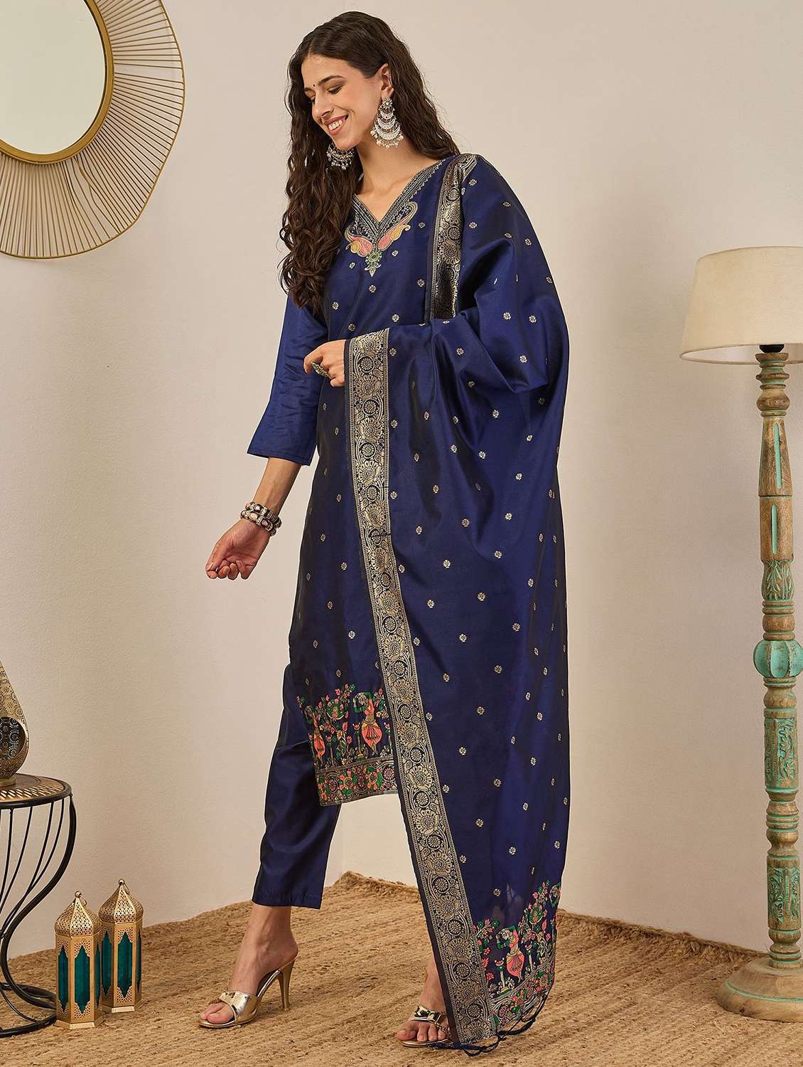 women self design three quarter sleeve kurta pant with dupatta set