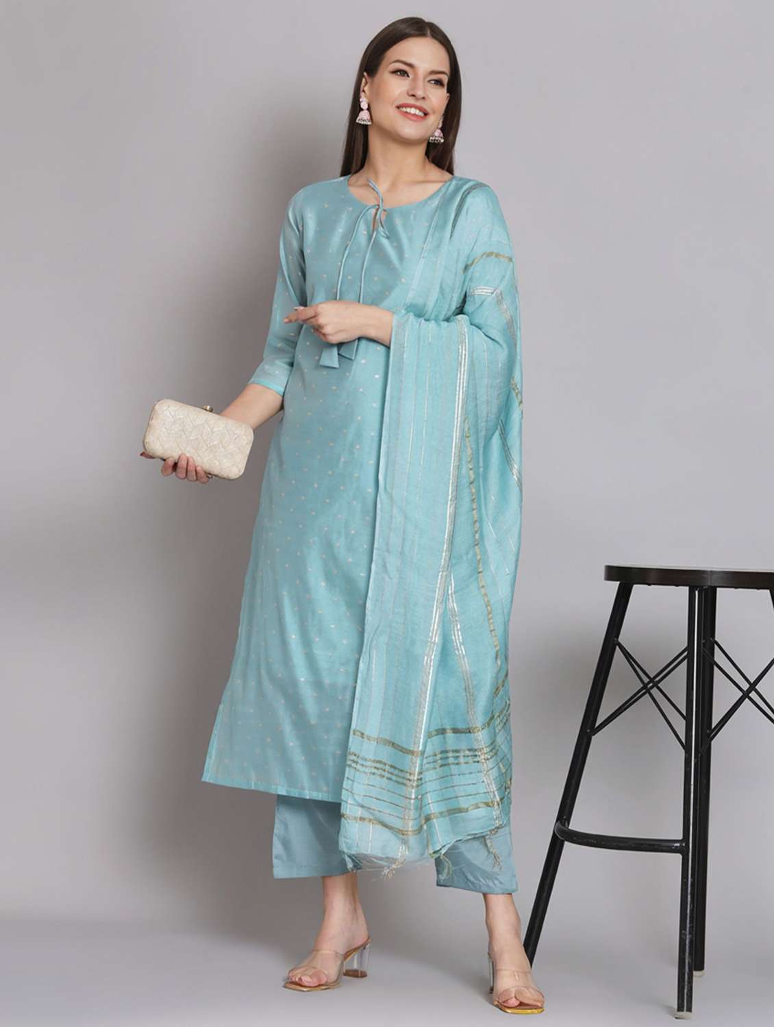 women self design three quarter sleeve kurta pant with dupatta set