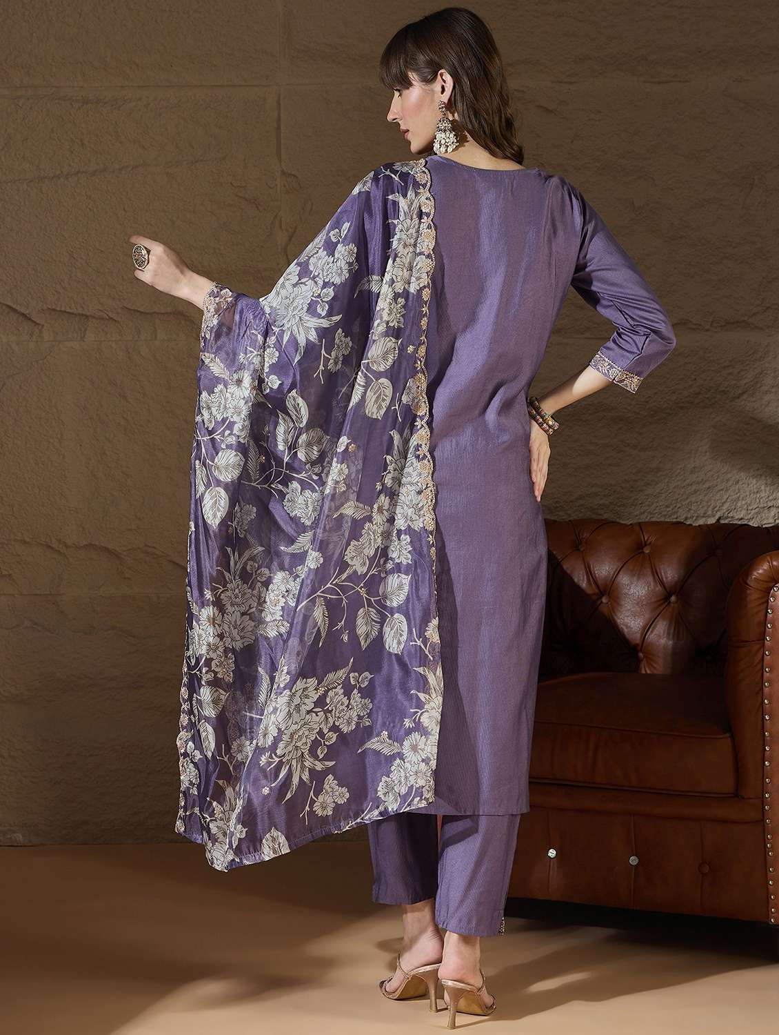 women solid with work three quarter sleeve kurta pant with dupatta set - 22322621 -  Standard Image - 3