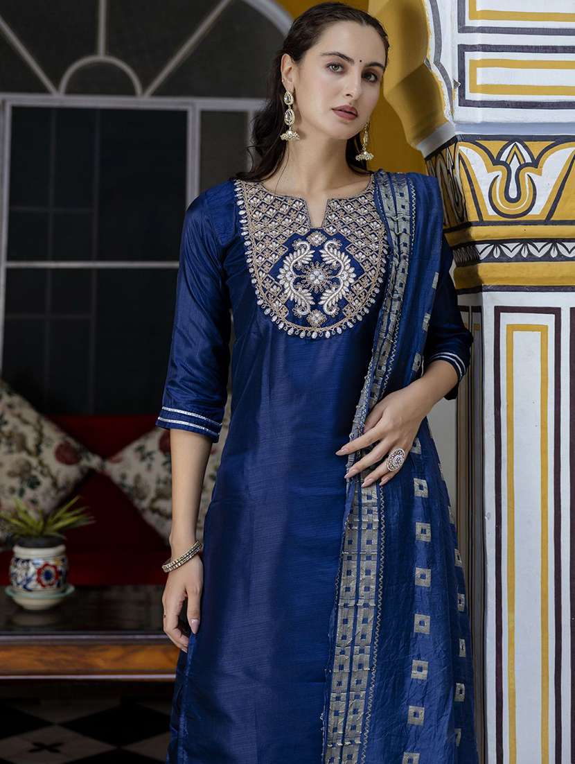 women solid with work three quarter sleeve kurta pant with dupatta set - 22322626 -  Standard Image - 3