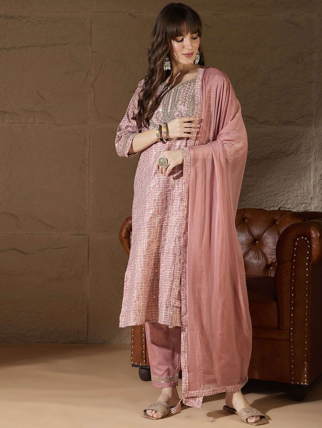 women self design three quarter sleeve kurta pant with dupatta set