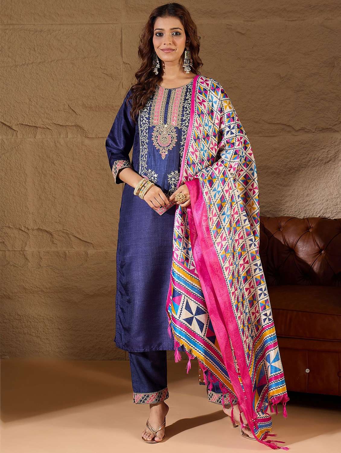 women solid with work three quarter sleeve kurta pant with dupatta set