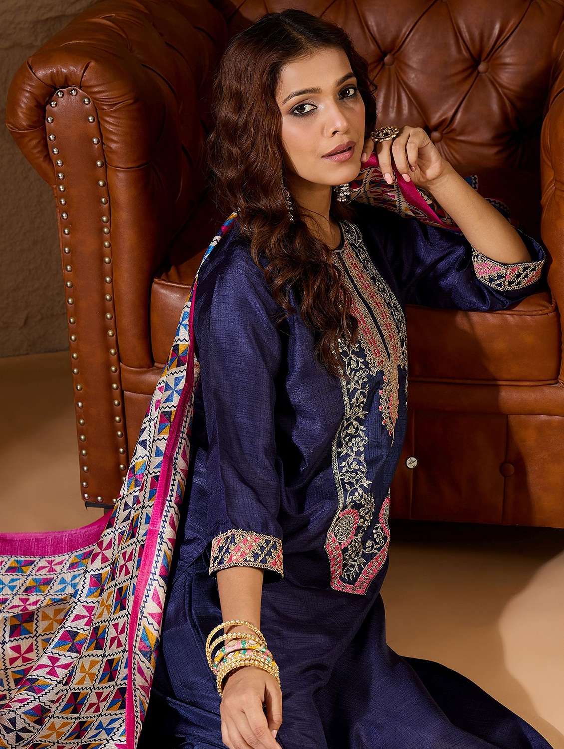 women solid with work three quarter sleeve kurta pant with dupatta set - 22322639 -  Standard Image - 3