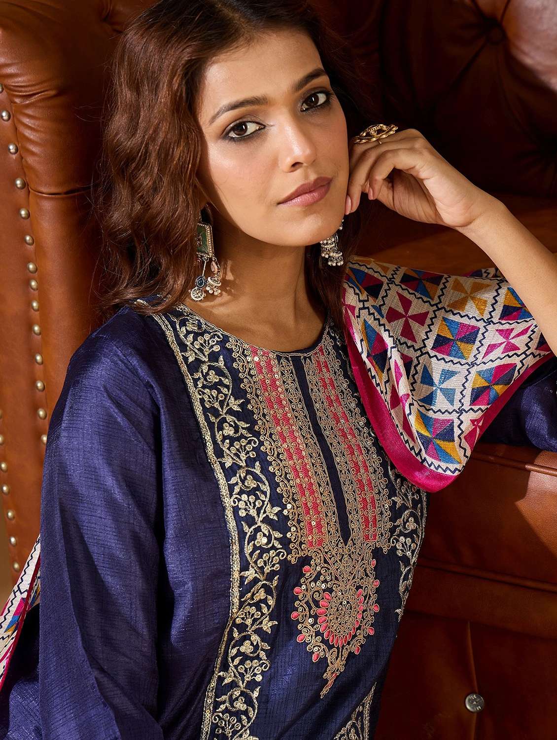 women solid with work three quarter sleeve kurta pant with dupatta set - 22322639 -  Standard Image - 5