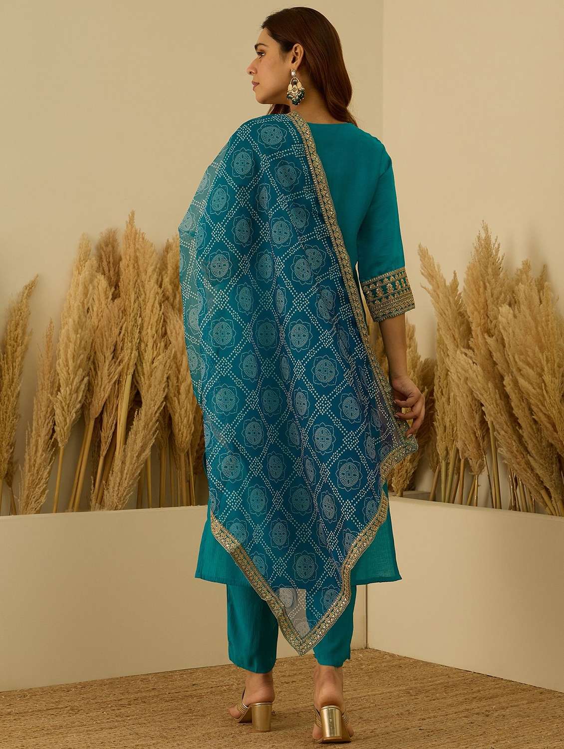 Women Solid With Work Three Quarter Sleeve Kurta Pant With Dupatta Set - 22322640 -  Standard Image - 3