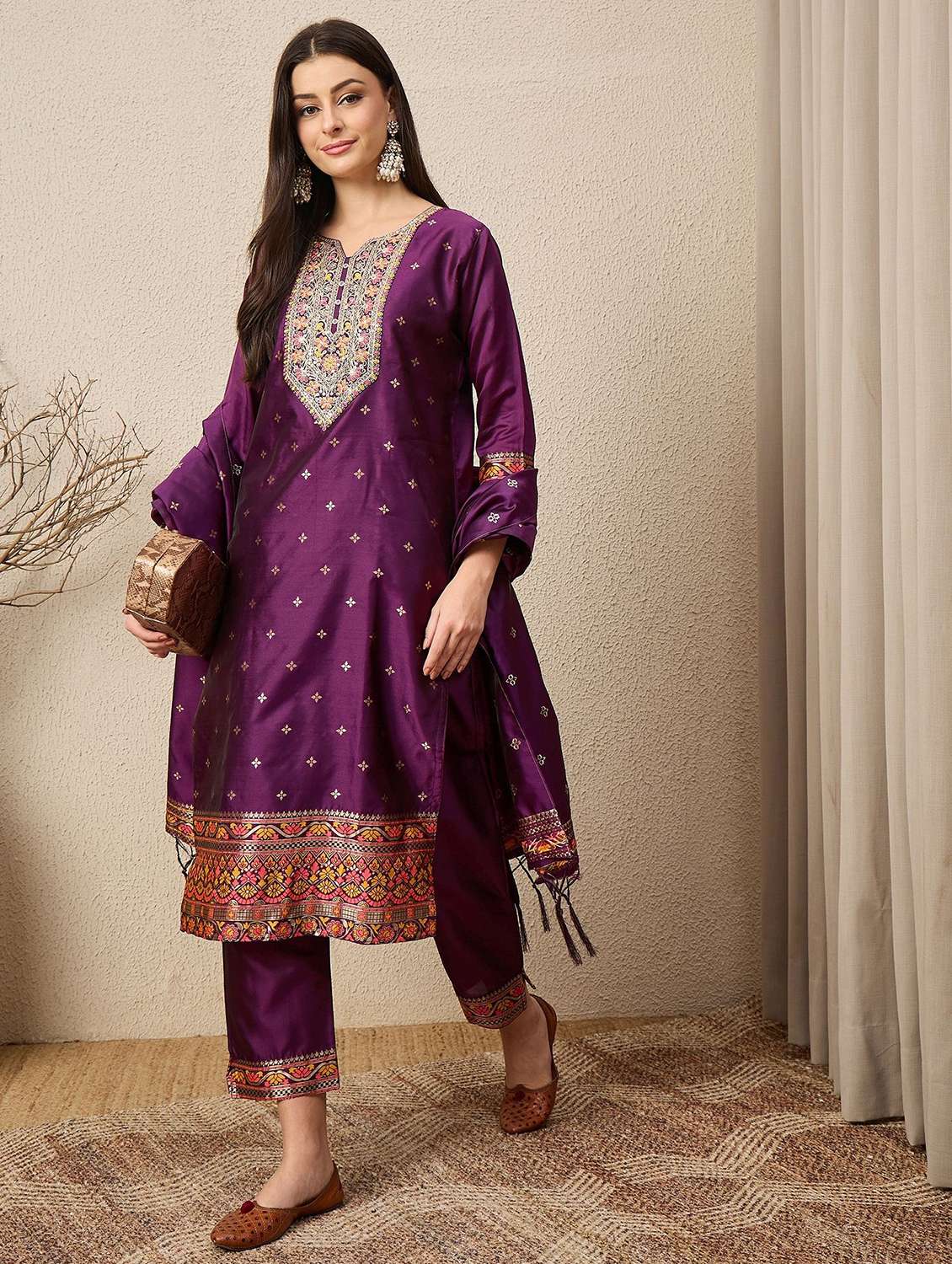 women self design three quarter sleeve kurta pant with dupatta set