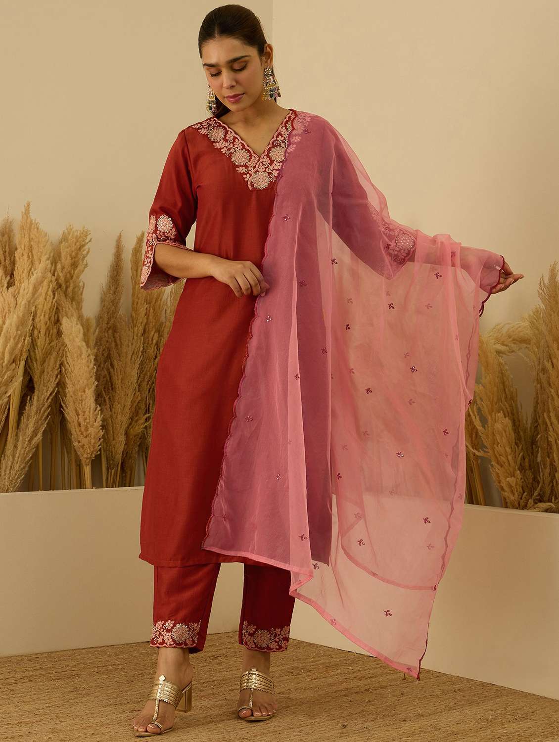 women solid with work three quarter sleeve kurta pant with dupatta set