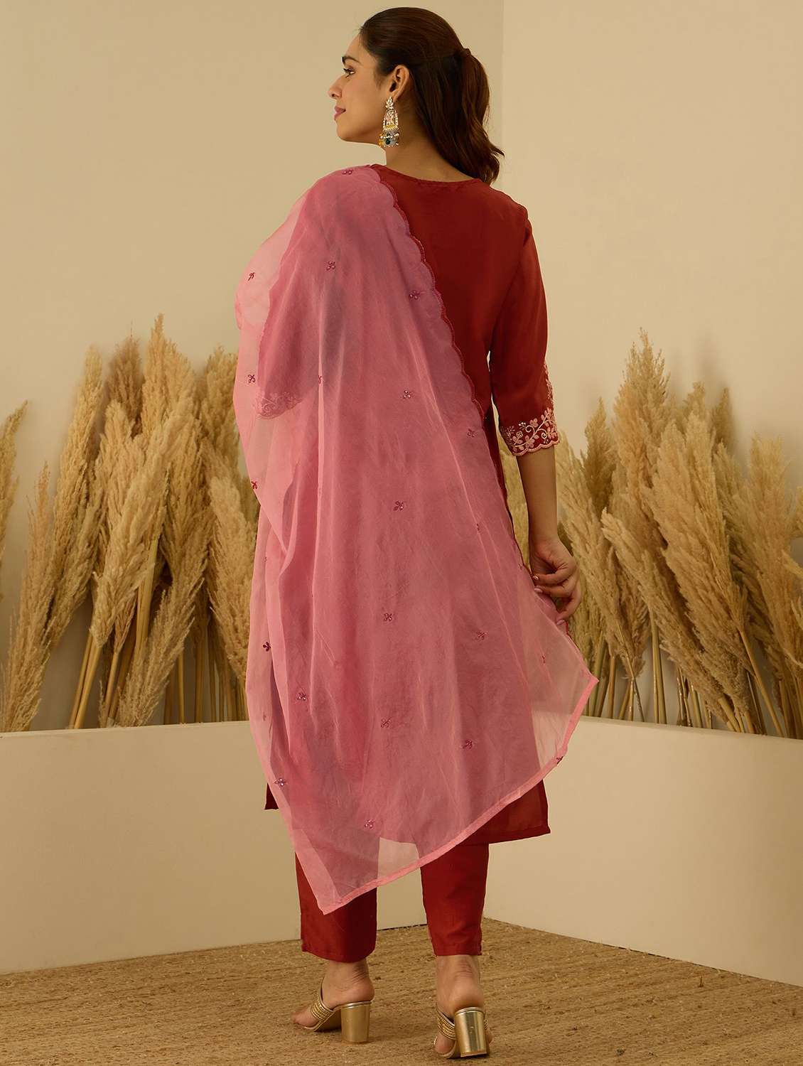 Women Solid With Work Three Quarter Sleeve Kurta Pant With Dupatta Set - 22322644 -  Standard Image - 3